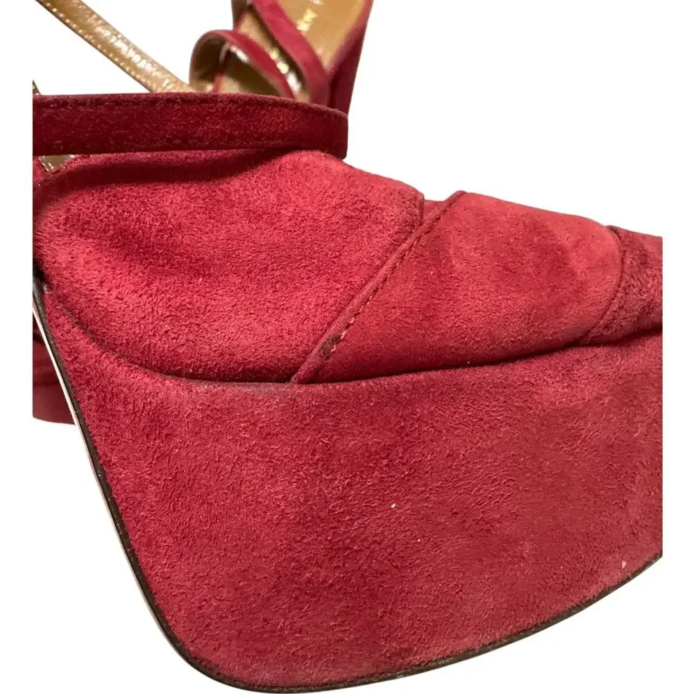 Aquazzura Mira Red Suede Platform Heels IT 37.5 US 7.5 Block Slingback Sandals